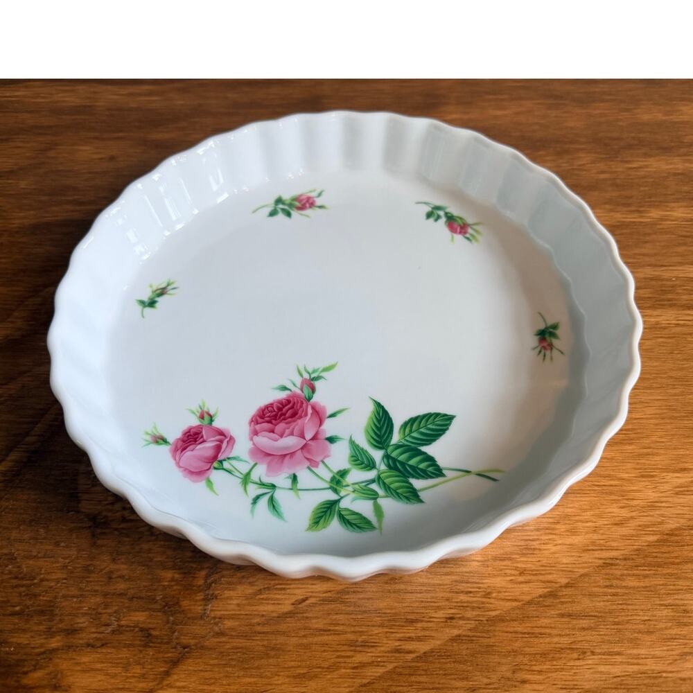 Vintage Christineholm Porcelain Rose Quiche Dish – 9.5" Fluted Tart Pie Pan